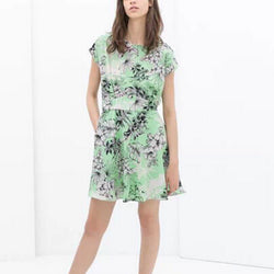 QZ1556 New Fashion Ladies' Elegant sweet floral print green Dress O neck short sleeve causal slim brand designer dress