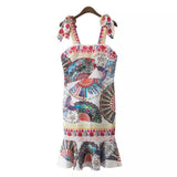 SB06  Fashion Ladies floral Fan print sexy Fishtail Dress spaghetti strap causal slim party brand design dress