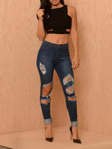 Ladies Ripped Jeans 2015 Hot Mid Waist American Apparel Jeans Boyfriend Style Woman Blue Knee Skinny Pencil Denim Ripped Jeans