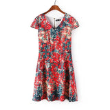 QZ1366 New Fashion Ladies' Elegant sweet floral print Dress V neck short sleeve zipper casual slim brand designer dress