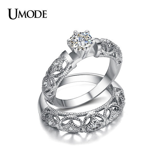 UMODE Famous Brand Luxury Jewelry Fine Carving Filigree Band AAA CZ Diamond Wedding Ring Sets For Women Anillos Gift AUR0130