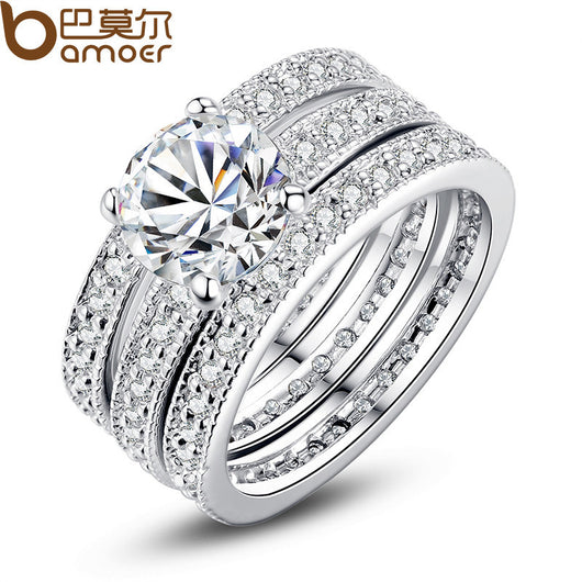 BAMOER Luxury Brand Fashion Platinum Plated Bridal Set Ring for Women with Paved Micro Zircon Crystal Wedding Jewelry YIR031