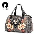 REALER Brand women handbag with floral print tote bag large capacity PU leather travel bags ladies purse