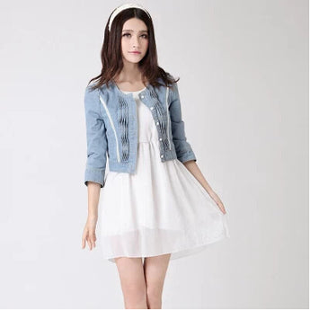 outwear jeans plus size women clothing 2016 sping and autumn short design pearl diamond denim jacket  female coats