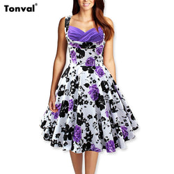 Tonval Women 50s Vintage Floral Swing Dress Audrey Hepburn Tunic Ruched Elegant Rockabilly Dresses Evening Party Sexy Vestidos