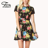 2016 Women Elegant Party Dress Floral Printed Dress Sexy Ball Gown Tunic Dress Short Sleeve Zipper Dress AB133