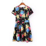 2016 Women Elegant Party Dress Floral Printed Dress Sexy Ball Gown Tunic Dress Short Sleeve Zipper Dress AB133