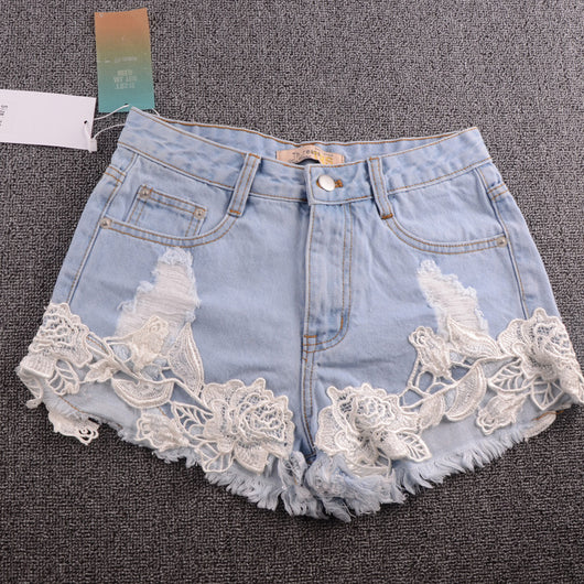 Elina's shop new fashion 2016 Women's Casual denim ripped hollow out lace crochet shorts jeans for women bottom s m l xl xxl