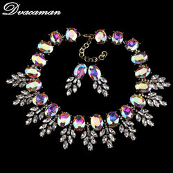 2016 Luxury Brand Crystal Leaves Choker Necklaces Pendants Fashion Big Chunky Opal Statement Necklace Women Jewelry Sets 8661