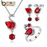 VOROCO Hot Sale 18K Platinum Plated Red Ruby Stone Swan Jewelry Sets with Necklace Earrings and Finger Ring for Women