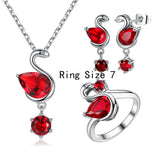 VOROCO Hot Sale 18K Platinum Plated Red Ruby Stone Swan Jewelry Sets with Necklace Earrings and Finger Ring for Women