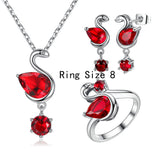 VOROCO Hot Sale 18K Platinum Plated Red Ruby Stone Swan Jewelry Sets with Necklace Earrings and Finger Ring for Women