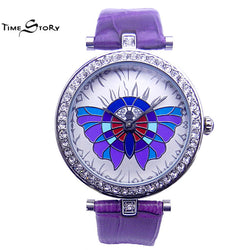 Brand Time Story Fashion Luxury 3D Butterfly Carved Women's Watches Ladies Japan Quartz Watch Genuine Leather Band Rhinestone