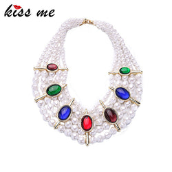 Summer Hyperbole Colorful Artificial Gems Simulated Pearls Necklace Luxury Jewelry Multilayer Beads Chain Chunky Necklace