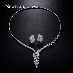 NEWBARK Earrings And Necklace Jewelry Sets 18K White Gold Plated Marquise Cutting CZ Paved Ice Flower Wedding Earrings For Women