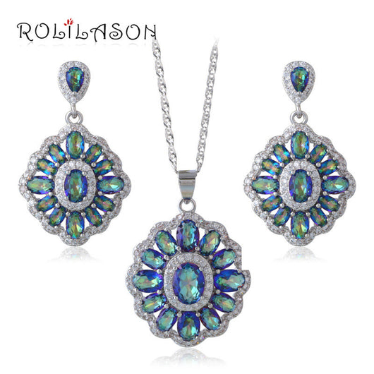 ROLILASN gifts Rainbow Mystic topaz 925 Silver crystsal Necklace Earrings Jewelry Sets JS662