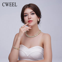 CWEEL Fine Bridal African Beads Jewelry Sets For Women Wedding Gold Plated Pendant Necklace Stud Earrings Ring Dress Accessories