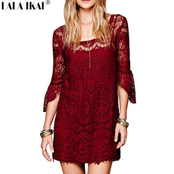 Vintage Lace Crochet Hollow Out Dress With Flare Sleeve Brand Backless Boho Dress 2Pcs Sexy Halter Mini Dress QWC0026-5