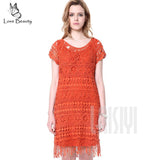 Free Shipping Short Sleeve Hollow Out Floral Crochet Tassel Women Lace Dress EPDR80369