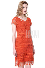 Free Shipping Short Sleeve Hollow Out Floral Crochet Tassel Women Lace Dress EPDR80369