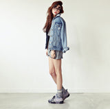 Women Distressed Rip Denim Jacket Cropped Button Coat Jean Top Washed Faded Blue outwear